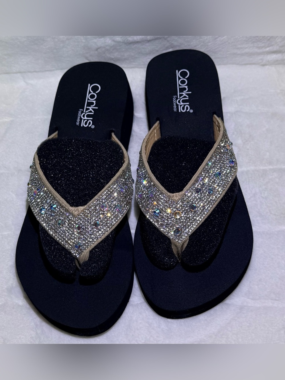 Corkys Black Flip Flop Sandals with Silver Rhinestone Straps size 8